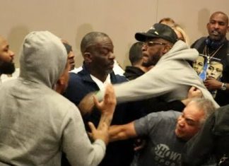 Экс-чемпион пустил в ход кулаки уже на прессухе, но не против оппонента — видео